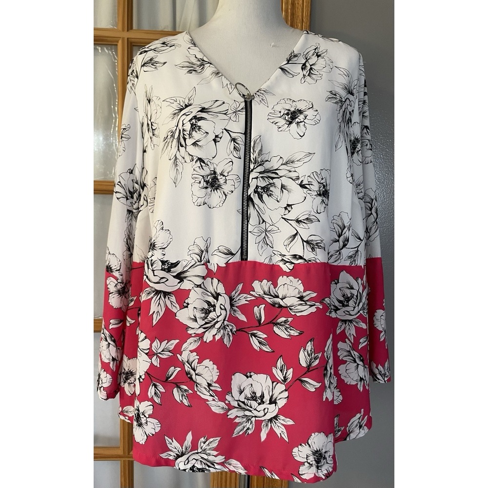 Alfani Floral Blouse Womans 1X White Pink Chiffon Zipper Cottagecore Boho Career